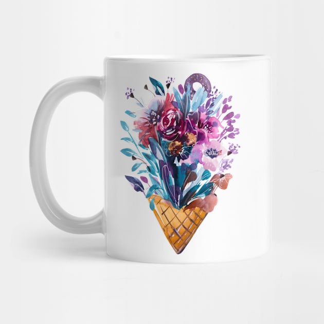 Summer Flowers Bouquet in ice Cream cone, handmade watercolor by IngaDesign